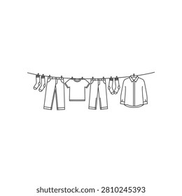 A simple line drawing depicts various clothing items like shirts, pants, and socks drying on a clothesline with clothespins.