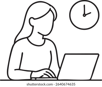 A simple line drawing depicts a woman using a laptop, with a clock indicating the time behind her.