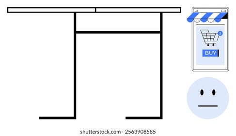 Simple line drawing of a desk alongside a smartphone with an online shopping app interface and a neutral-faced emoticon. Ideal for e-commerce, online shopping, furniture, technology, user experience