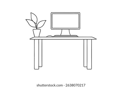 Simple line drawing of desk computer plant