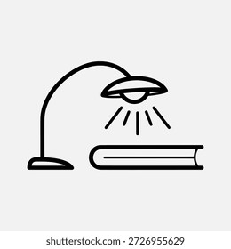 Einfache Linienzeichnung einer Schreibtischlampe, die ein Buch auf einer ebenen Fläche beleuchtet