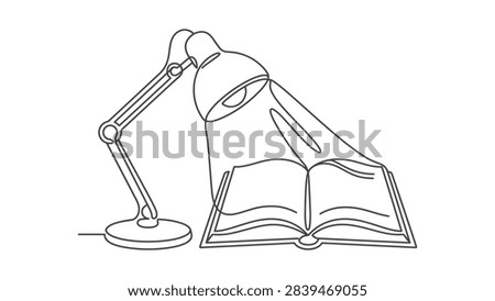 A simple line drawing of a desk lamp casting light on an open book, symbolizing knowledge, study, and learning.