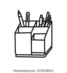Simple line drawing of a desk organizer holding various writing utensils, including pens and pencils, on a plain white background.