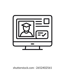 A simple line drawing of a desktop computer with online education information displayed in a dark color scheme.