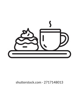 Un simple dibujo de línea de un postre y una taza humeante en una bandeja