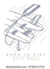Dibujo de línea simple que detalla una tabla de surf y una paleta.	