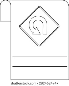 A simple line drawing of a diamond-shaped road sign indicating a U-turn is ahead, with blank lines below for text.