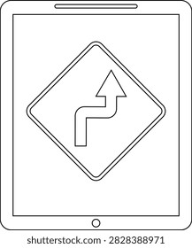 A simple line drawing of a diamond-shaped road sign indicating a sharp curve to the right.