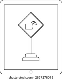 A simple line drawing of a diamond-shaped road sign on a pole warning of falling rocks.