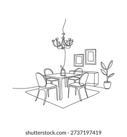 Simple line drawing of a dining room with chandelier and furniture