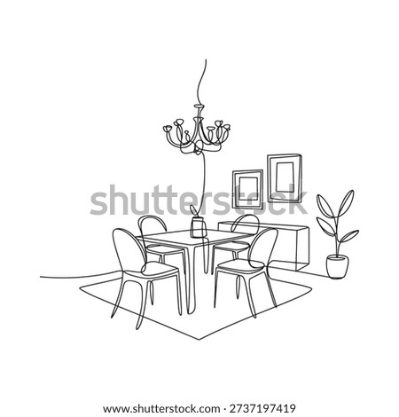 Simple line drawing of a dining room with chandelier and furniture