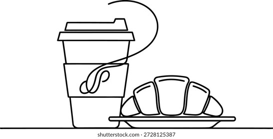 Eine einfache Linienzeichnung einer Einweg-Kaffeetasse mit einem Deckel und einem Croissant auf einer Platte