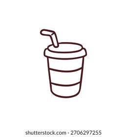Einfache Linienzeichnung einer Einwegtasse mit einem Stroh auf weißem Hintergrund.