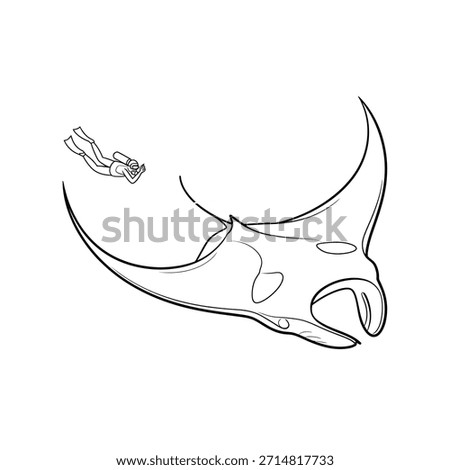 Simple line drawing of a diver and a large manta ray peacefully swimming together.