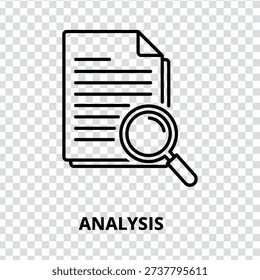A simple line drawing of a document with a magnifying glass overlaid on it, set against a transparent background with a grey and white checkerboard pattern, symbolizing investigation and analysis
