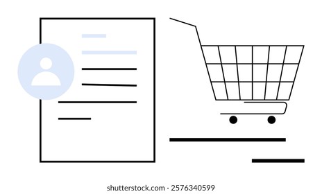 Simple line drawing of a document with profile icon and a shopping cart. Ideal for e-commerce, online shopping, digital purchasing, business management, digital profiles. Modern minimalistic style