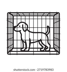 Un dibujo de línea simple de un perro dentro de una jaula de alambre