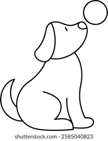 A simple line drawing of a dog sitting, looking up at a ball. The style is minimalist and cartoonish. The dog appears happy and playful.