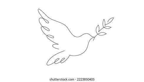 Simple line drawing of dove with a branch. Continuous line pigeon bird as a symbol of peace, hope and life in linear style. Mascot design for logo, charity, donation, tattoo etc. Vector illustration.