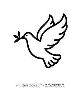 A simple line drawing of a dove in flight, carrying an olive branch in its beak, depicted in black lines on a white background.
