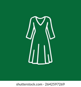 A simple line drawing of a dress with a V-neck and flowing skirt against a green background. Minimalist fashion concept and style representation.