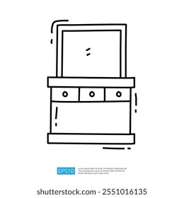 A simple line drawing of a dresser with a mirror on top, featuring three drawers. It represents a furniture piece commonly found in bedrooms.