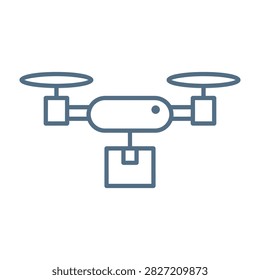 A simple line drawing of a drone with a camera attached flying in the air for photography