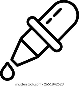 Um simples desenho em linha de um conta-gotas com uma gota líquida, representando uma ferramenta de medicina, ciência ou química