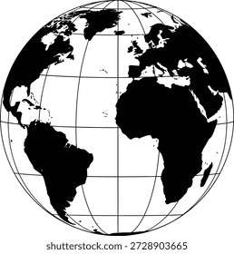 Um desenho de linha simples da Terra com continentes em linhas pretas e de grade em um fundo branco