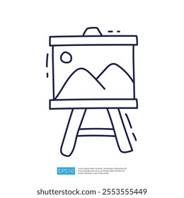 A simple line drawing of an easel displaying a framed painting of mountains and a sun, symbolizing art and creativity.