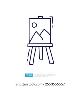 A simple line drawing of an easel displaying a landscape painting featuring mountains and a sun. It represents artistic expression and creativity.
