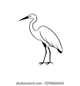 A simple line drawing of an egret bird, standing tall with its long neck and beak, slender legs, and wings elegantly extended.