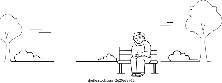 A simple line drawing of an elderly man sitting alone on a bench in a quiet park, surrounded by trees and bushes, conveying a mood of solitude and reflection.