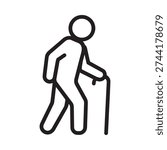 Simple line drawing of an elderly person walking with a cane