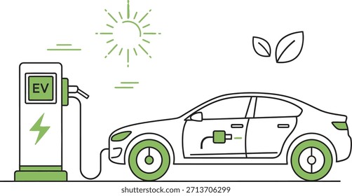 Un simple dibujo de línea de un coche eléctrico cargando en una estación con iconos solares y de hojas que representan la ecología