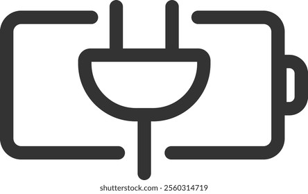 Simple line drawing of an electric plug being connected to a battery, symbolizing charging, power supply, and energy for electronic devices