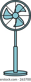 Simple line drawing of an electric stand fan in blue color. Minimal vector illustration of household cooling appliance with white background and cutout design for summer themes.