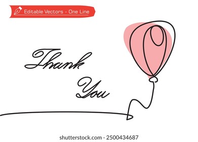 Simple line drawing of an elegant pink hot air balloon and handwritten Thank You letter. Vector illustration of one continuous line drawing of balloons and inscription thank you for greeting card.