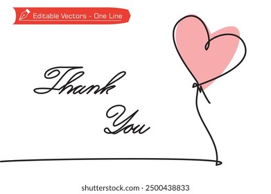 Simple line drawing of elegant pink love balloons and handwritten Thank You letter. Vector illustration of one continuous line drawing of a balloon and writing thank you as a sign of love.