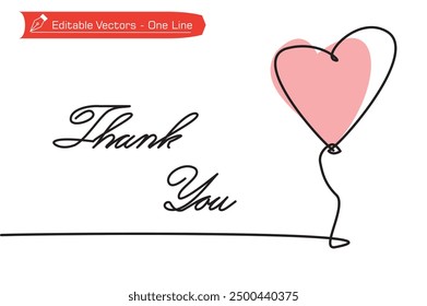 Simple line drawing of elegant pink balloons and handwritten Thank You letter. Vector illustration of one continuous line drawing of a heart balloon and writing thank you as a sign of affection.