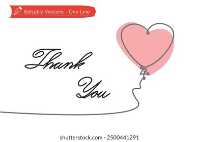 Simple line drawing of elegant pink heart balloons and handwritten Thank You letter. Vector illustration of one continuous line drawing of a heart balloon and the words thank you as I Love You icon.