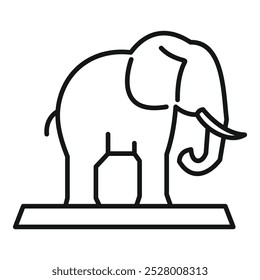 Simple line drawing of an elephant standing on a platform, as if part of a museum exhibit