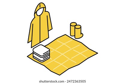 Simple line drawing of emergency kit, Rain gear (raincoat and boots), towel and sheet, isometric illustration, Vector Illustration