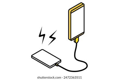 Dibujo simple de la línea del kit de la emergencia, batería móvil para recargar los teléfonos móviles, ilustración isométrica, Ilustración vectorial