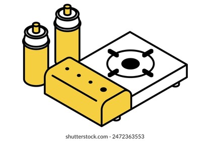 Dibujo de línea simple de kit de emergencia, estufa de casete, ilustración isométrica, Ilustración vectorial