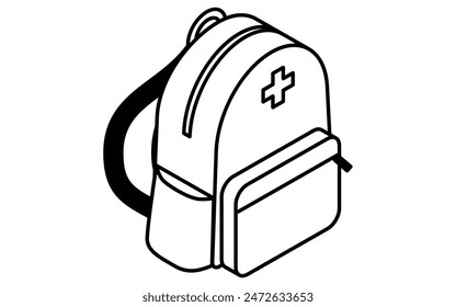 Simple line drawing of emergency kit, emergency rucksack, isometric illustration, Vector Illustration