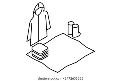 Simple line drawing of emergency kit, Rain gear (raincoat and boots), towel and sheet, isometric illustration, Vector Illustration