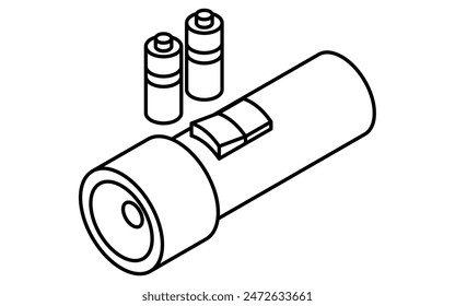 Dibujo de línea simple de kit de emergencia, linterna y batería, ilustración isométrica, Ilustración vectorial