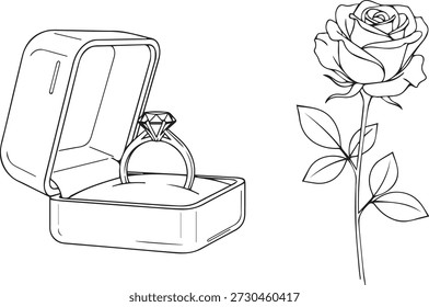 Un dibujo de línea simple de un anillo de compromiso en una caja junto a una rosa