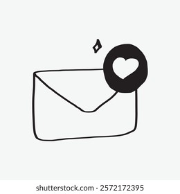 Simple line drawing of an envelope with a heart icon. Envelope symbolizes communication. Heart icon adds a touch of love and affection. Simple black line art doodle vector.